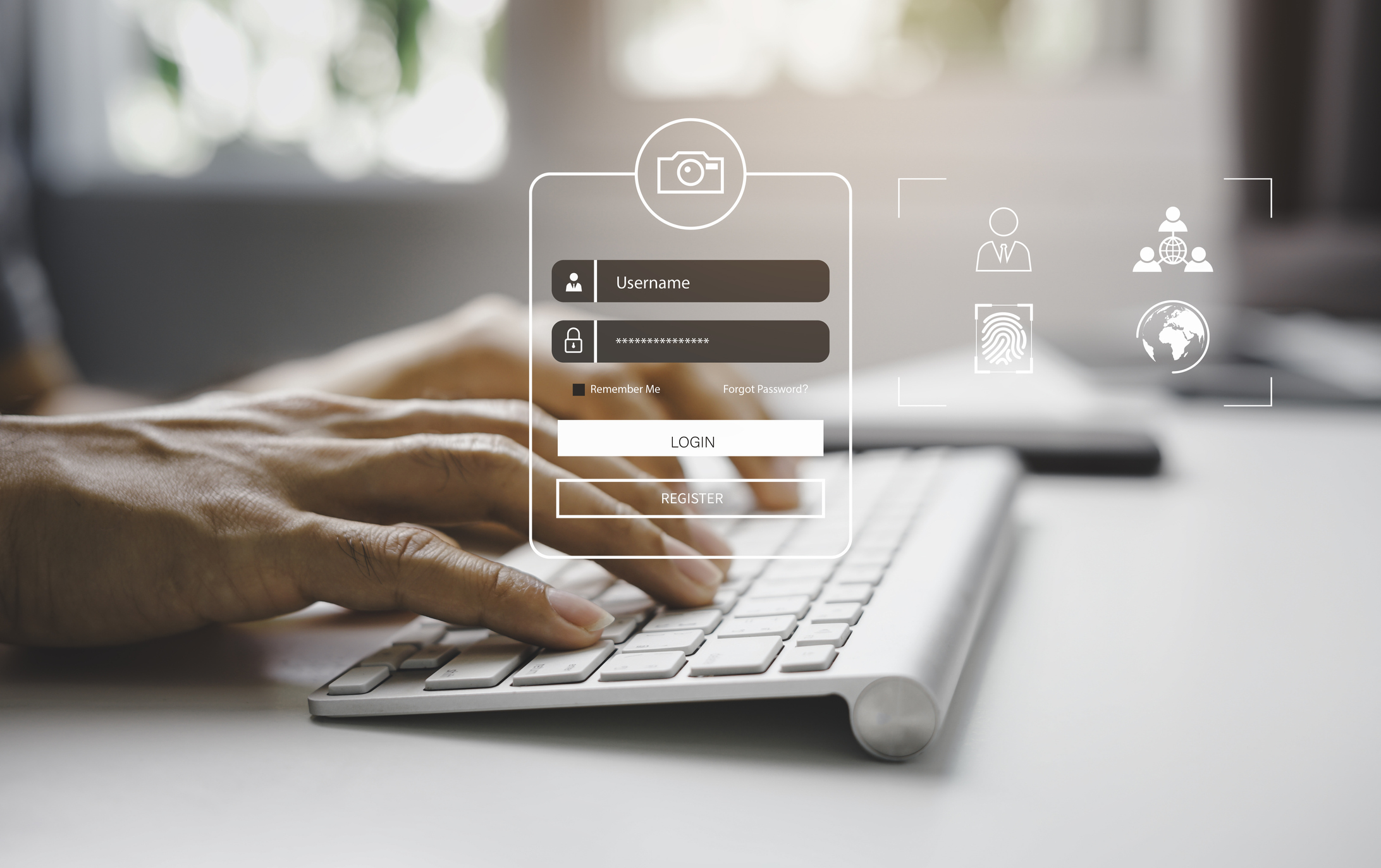 hands typing on a keyboard with data security icons and a login overlay