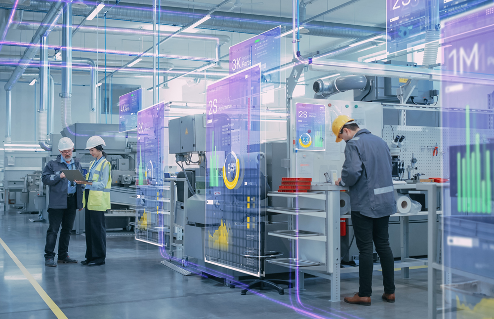 Manufacturing floor with visualizations that show data use.